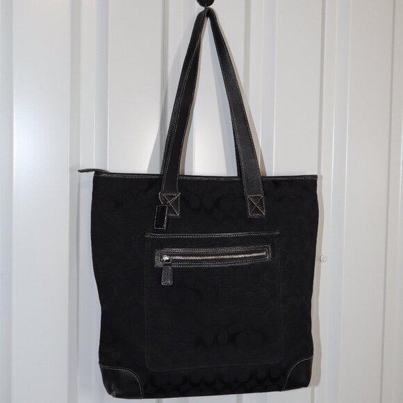 Coach Black Signature C Rectangle Tote K3H-6071 Large Leather Trim Handles 16x15 - Picture 1 of 12